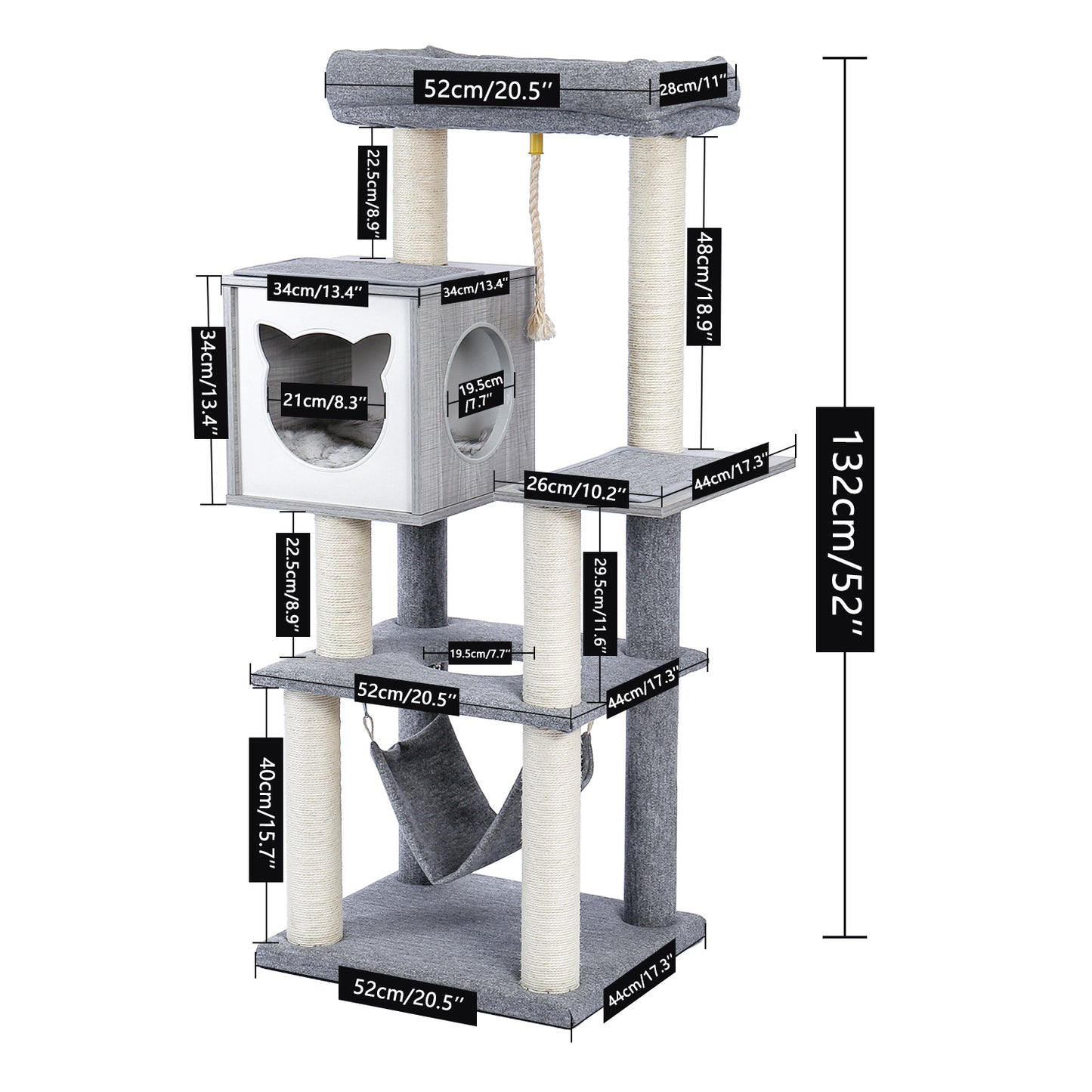 Cat Tree 52 Inches Multi-Level Wooden Cat Tower with Hammock and Scratching Posts- Grey