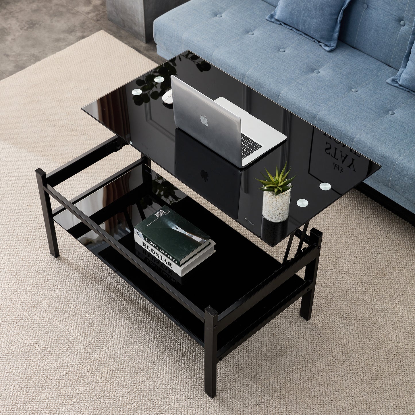 Modern Simple 2-Layer Tempered Glass Lift Top Coffee Table