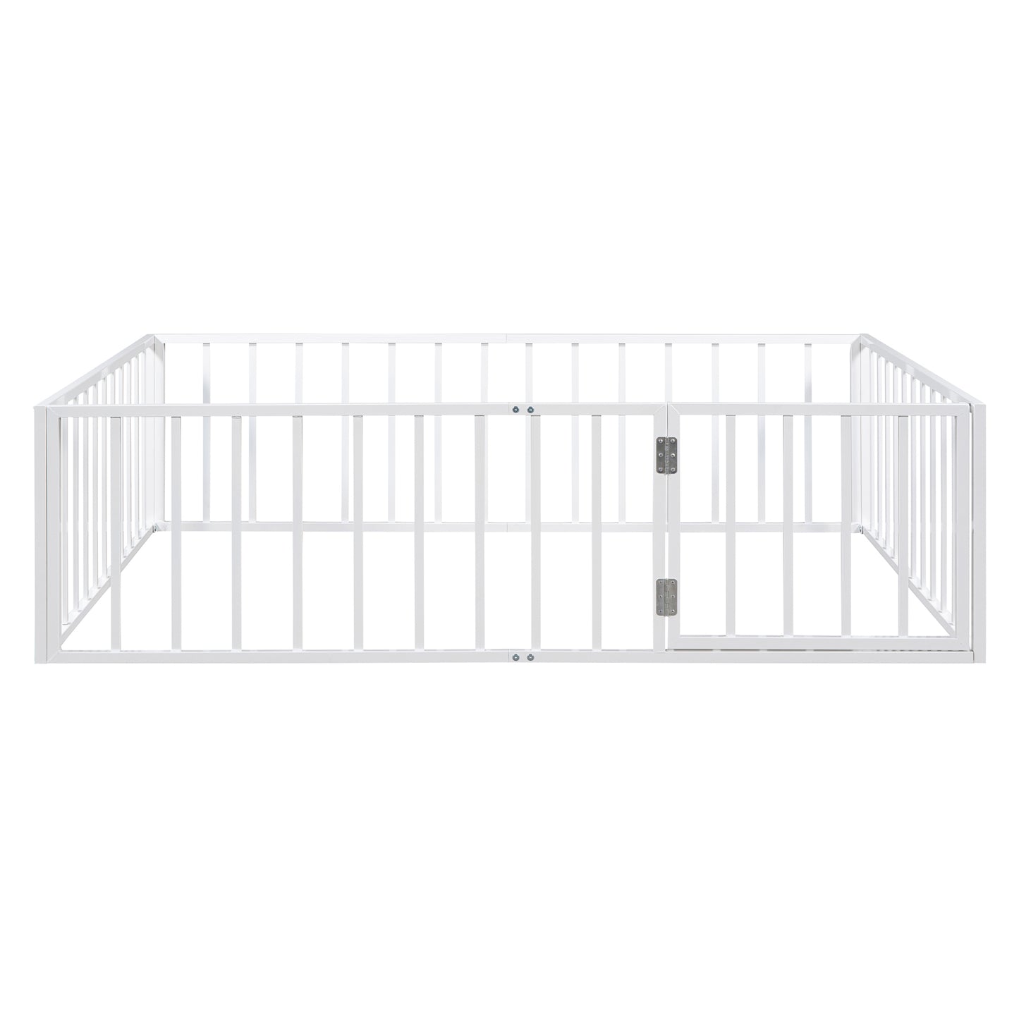 Full Size Metal Floor Bed Frame with Fence and Door, White