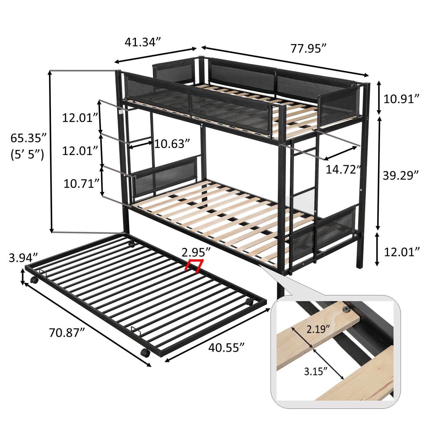 Metal Twin Over Twin Bunk Bed with Trundle Sturdy Metal Frame