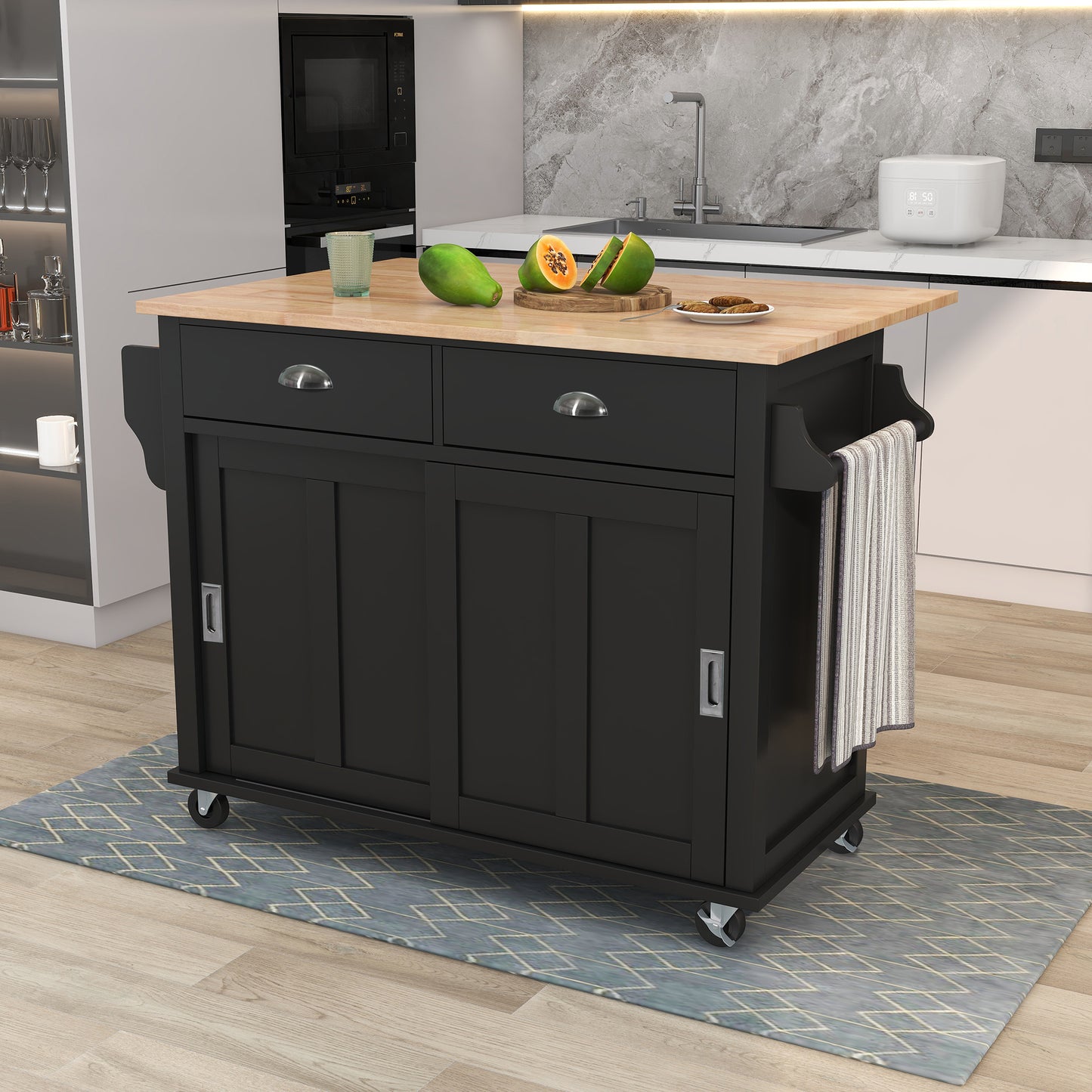 Kitchen Cart with Rubber wood Drop-Leaf Countertop, Concealed sliding barn door adjustable height,Kitchen Island on 4 Wheels with Storage Cabinet and 2 Drawers,L52.2xW30.5xH36.6 inch, Black