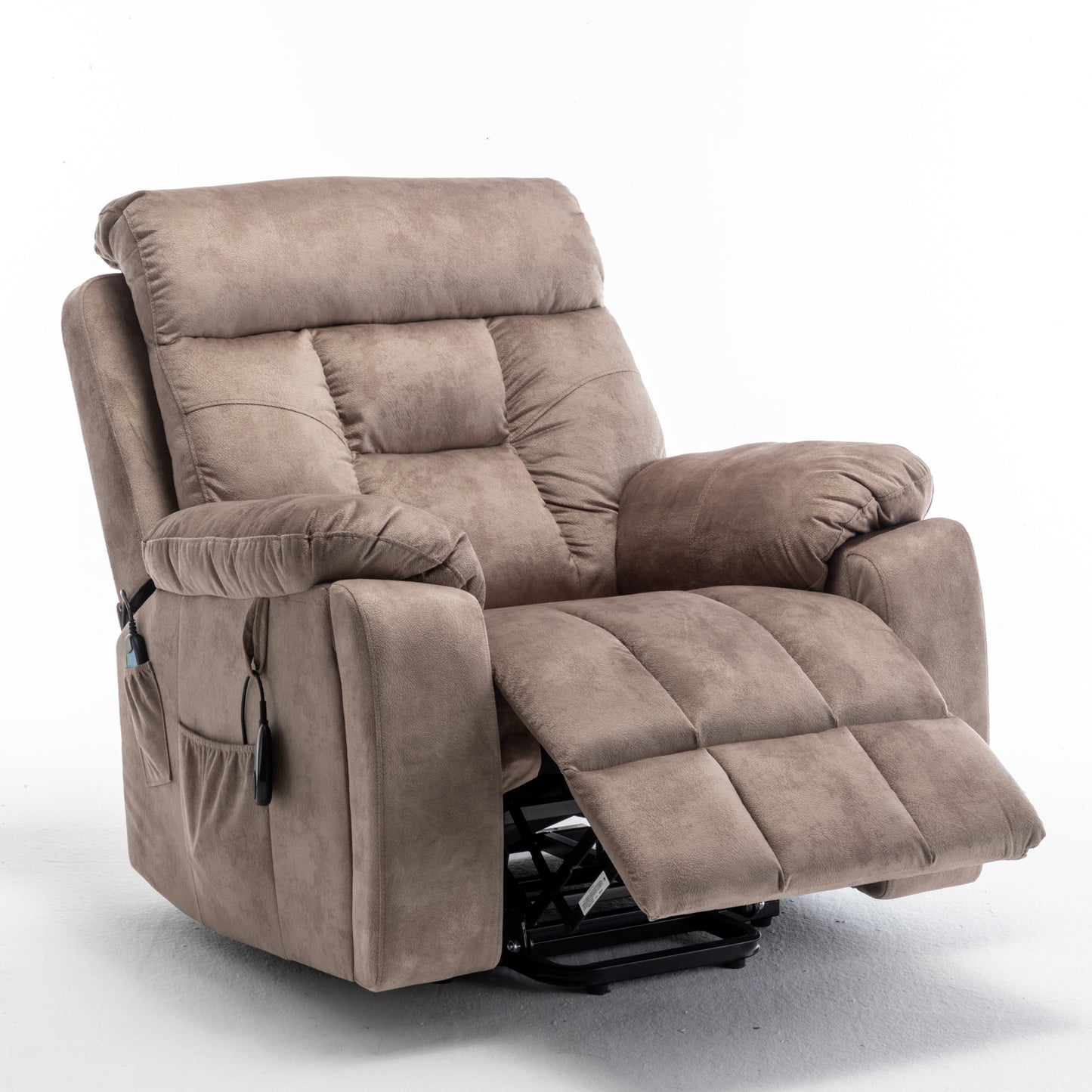 Velvet Power Lift Recliner Heated Zero Gravity Massage Chair with storage pockets - Beige+Brown