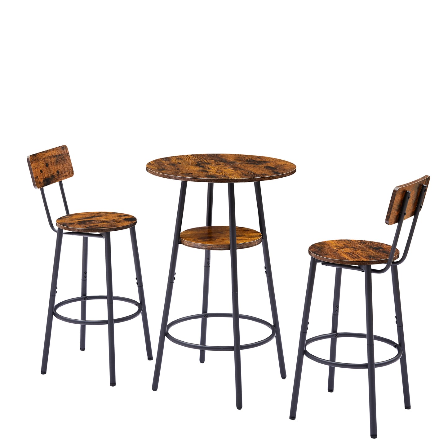 Round Bar Stool Set with Shelf - Rustic Brown