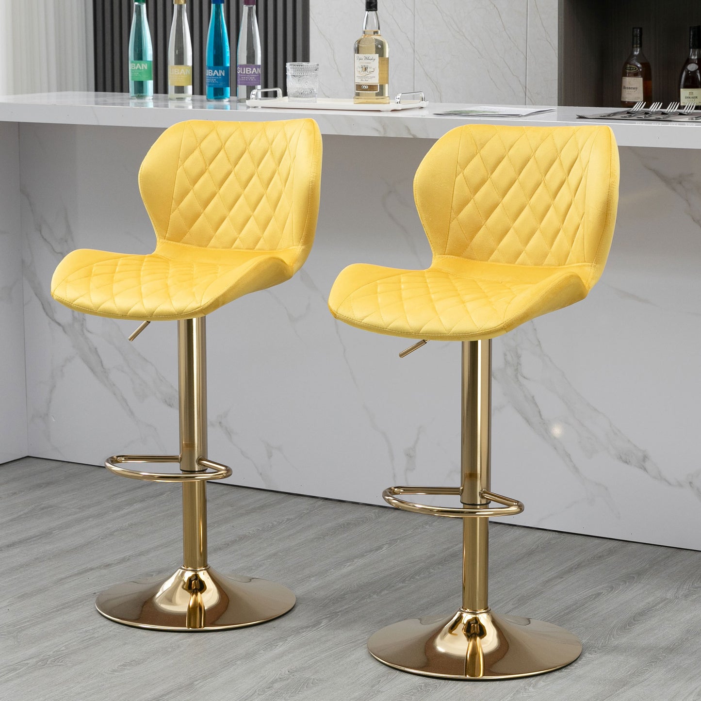 Yellow Velvet Adjustable Swivel Bar Stool Set of 2