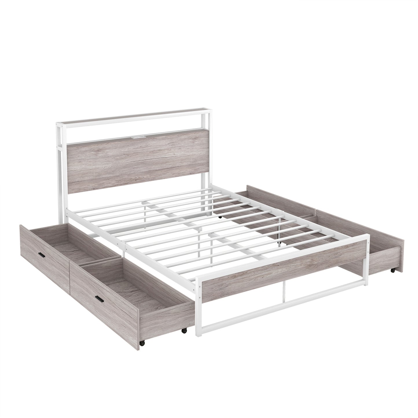 Full Size Metal Platform Bed Frame with Four Drawers, White