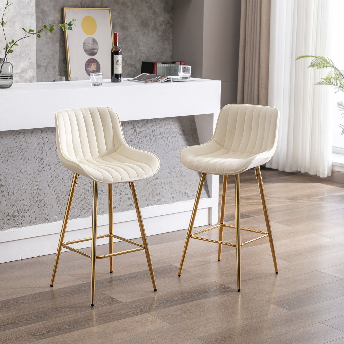 26 " Set of 2 Bar Stools with Chrome Footrest - Cream