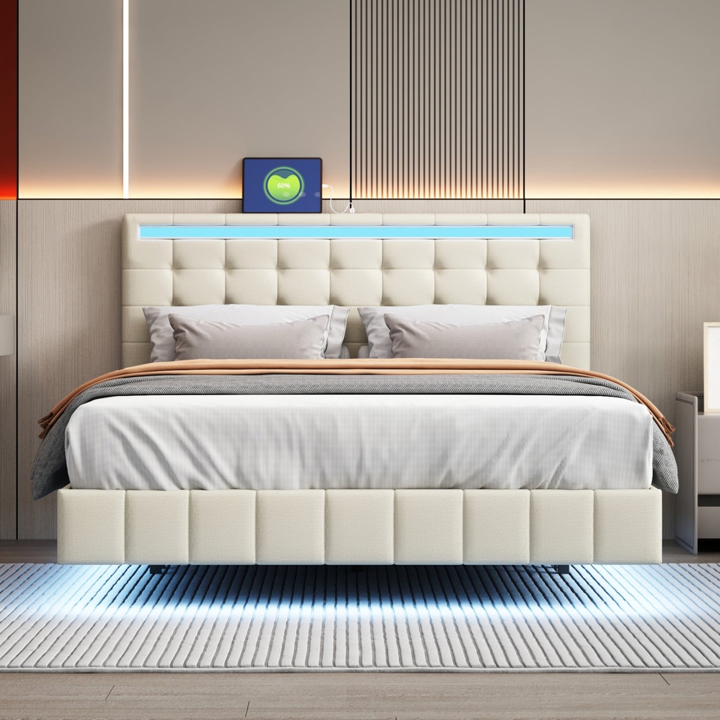 Queen Size Floating Bed Frame with LED Lights and USB Charging