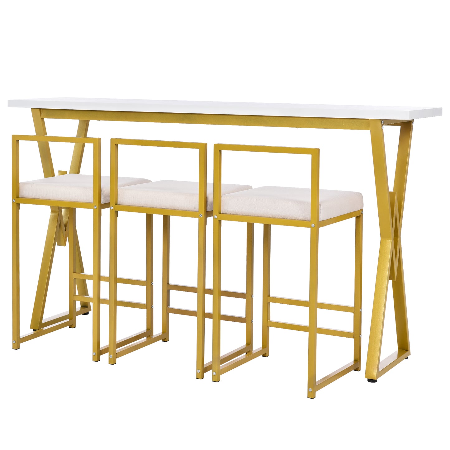 TOPMAX Modern 4-Piece Counter Height Extra Long Console Bar Dining Table Set with 3 Padded Stools  Gold