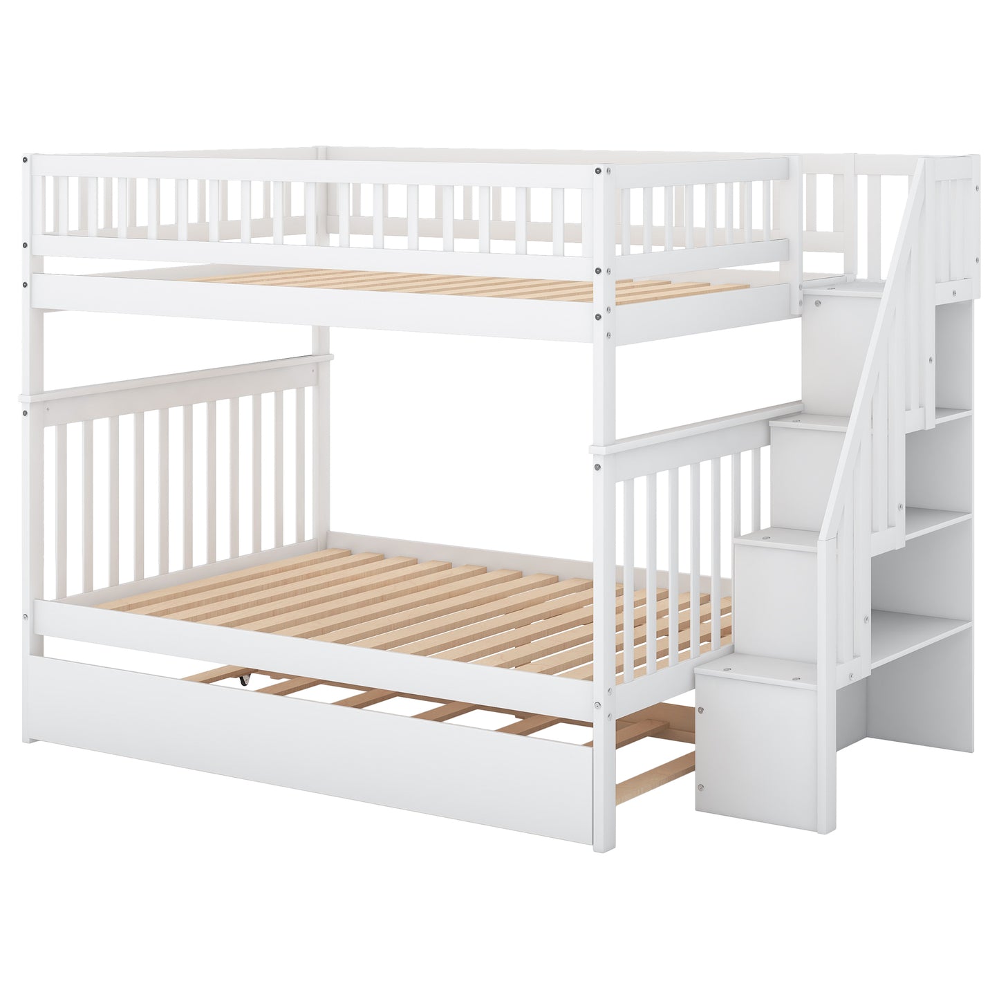 White Full over Full Bunk Bed with Trundle and Staircase