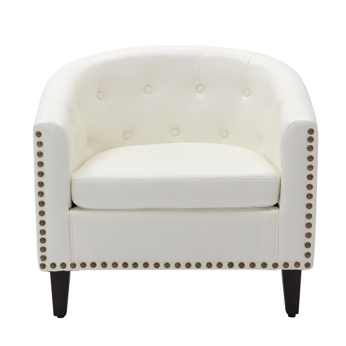 Modern White Nailhead Trim PU Leather Tufted Barrel Accent Chair