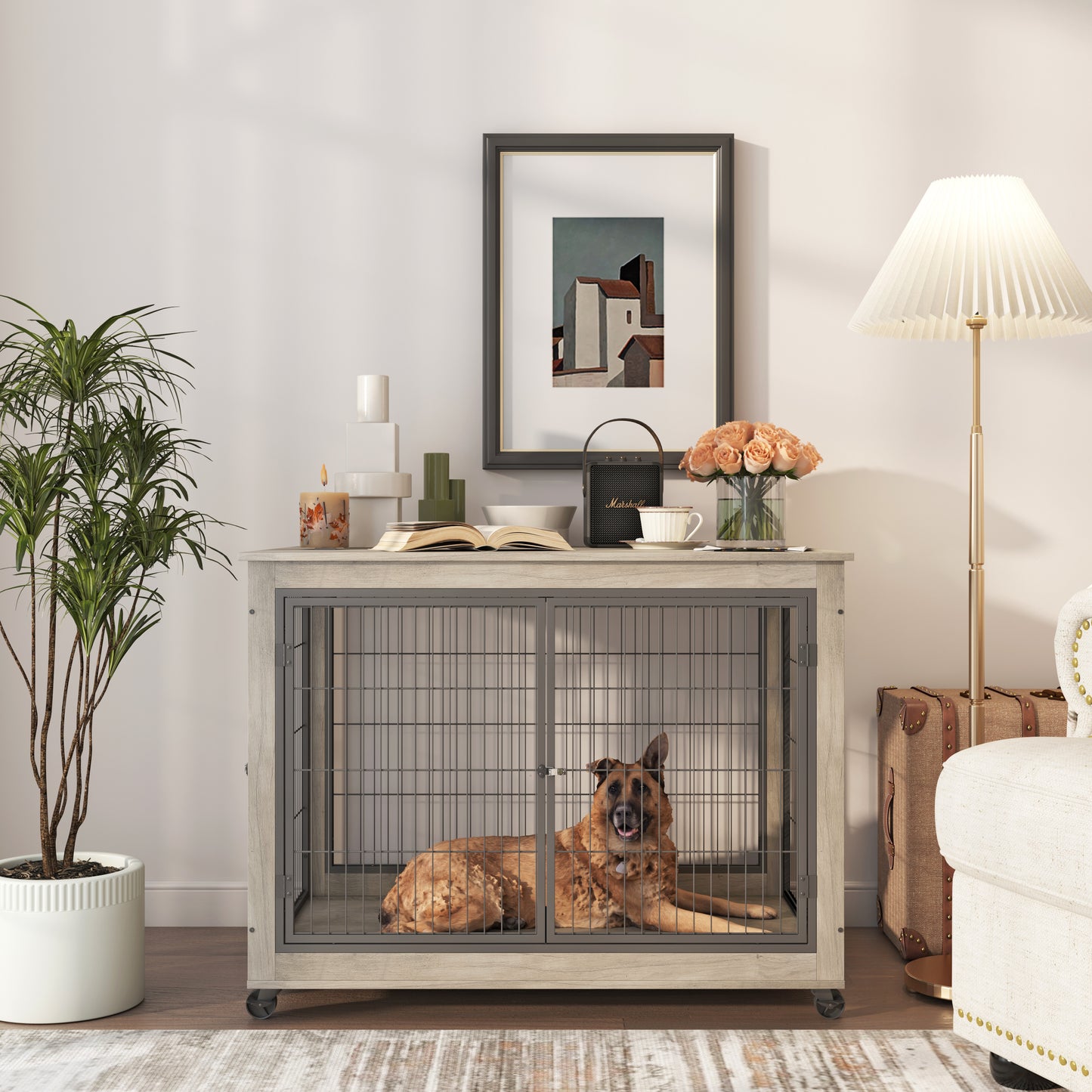 Furniture Style Dog Crate Side Table on Wheels