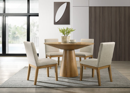 Jasper Driftwood Finish 5 Piece 47" Wide Contemporary Round Dining Table Set with Beige Fabric Chairs