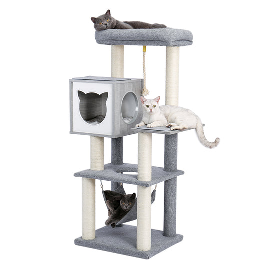 Cat Tree 52 Inches Multi-Level Wooden Cat Tower with Hammock and Scratching Posts- Grey