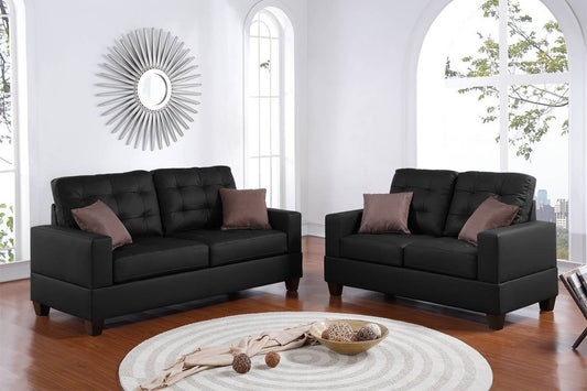 Living Room Furniture 2pc Sofa Set Black Faux Leather Tufted Sofa Loveseat w Pillows Cushion Couch