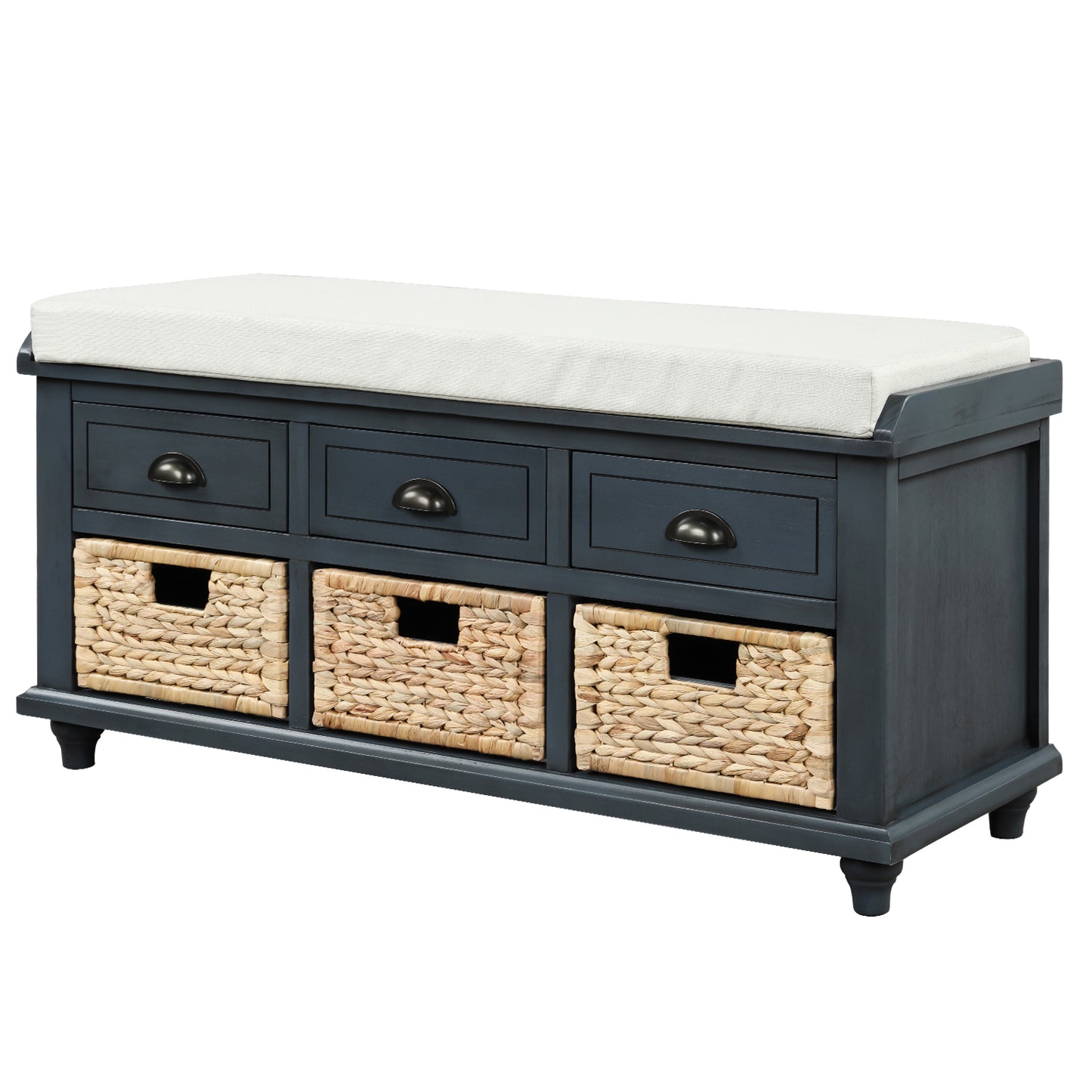 Rustic Storage Bench with 3 Drawers and 3 Rattan Baskets, Antique Navy