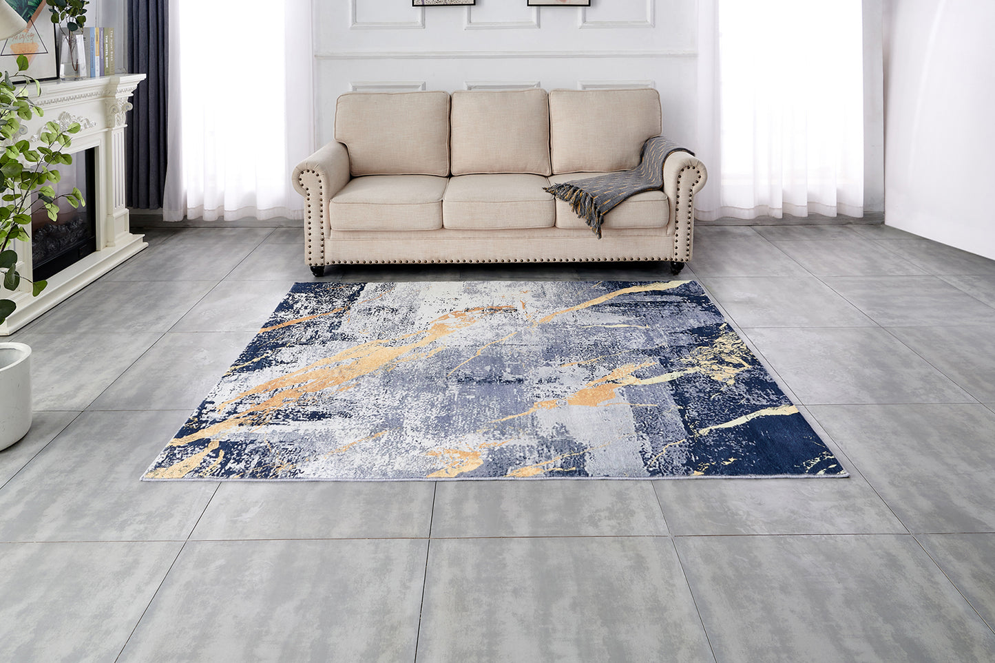 Abstract Blue Gray Yellow Area Rug