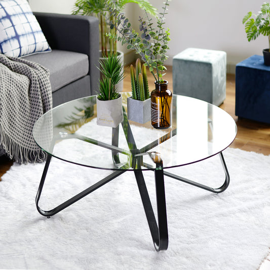 Round Coffee Table with Tempered Glass Top & Metal Legs