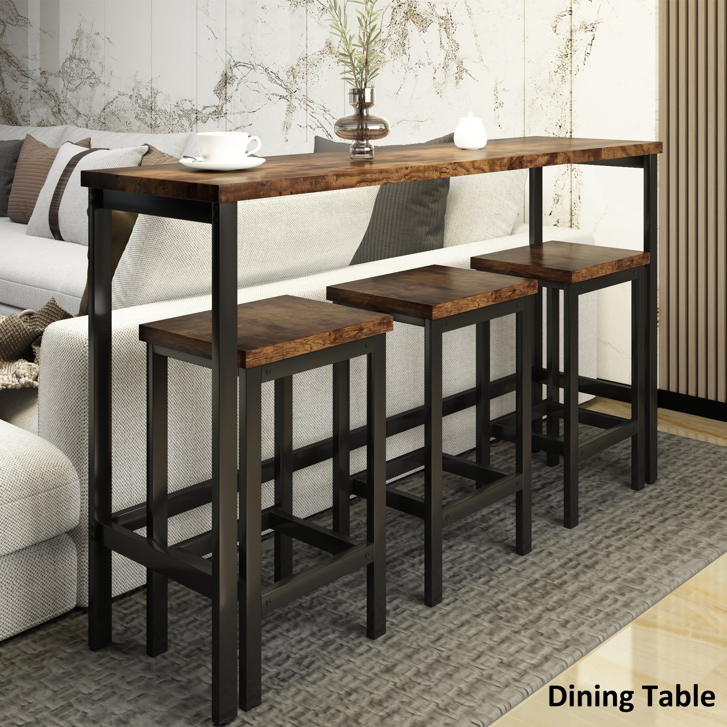 Counter Height Extra Long Dining Table Set with 3 Stools