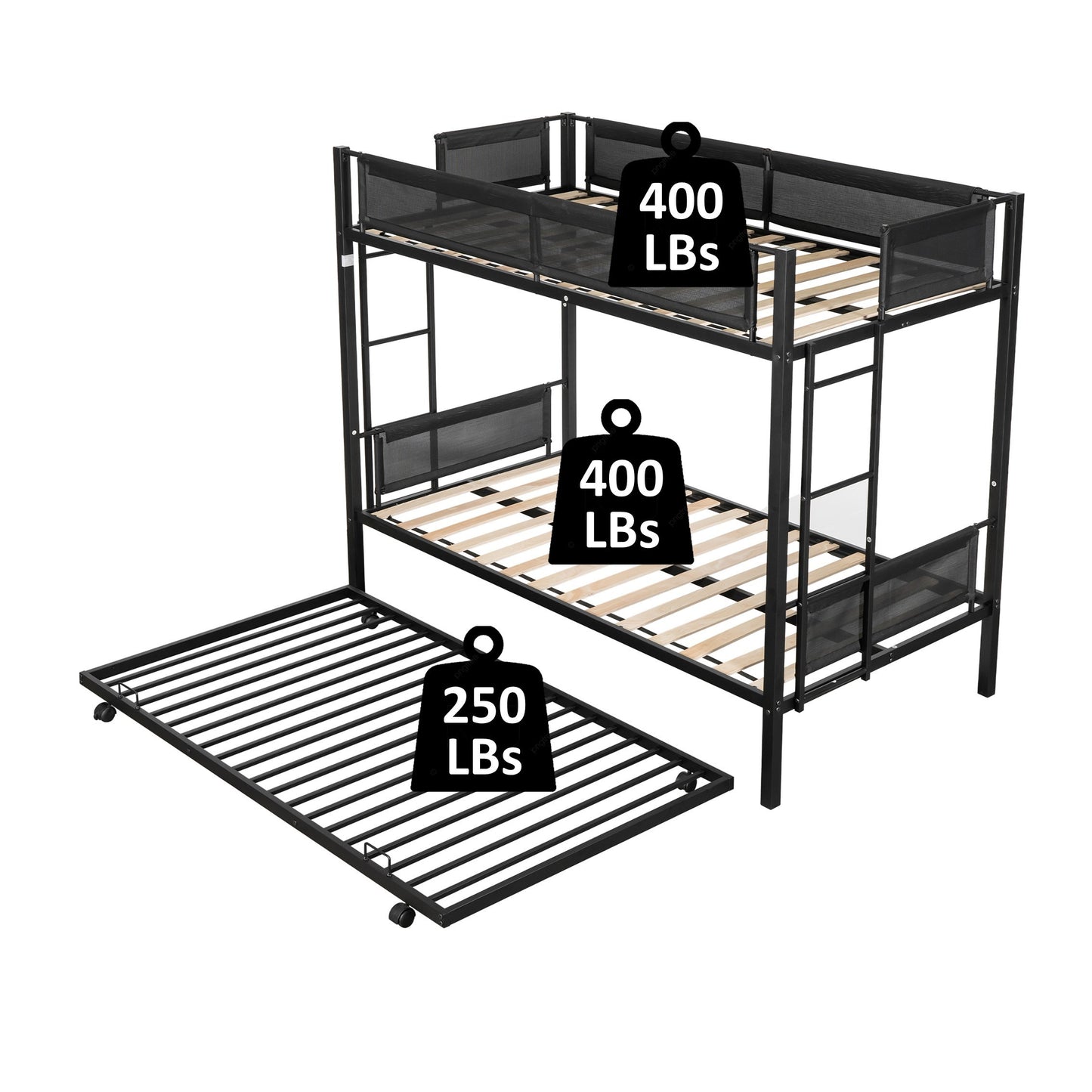 Metal Twin Over Twin Bunk Bed with Trundle Sturdy Metal Frame