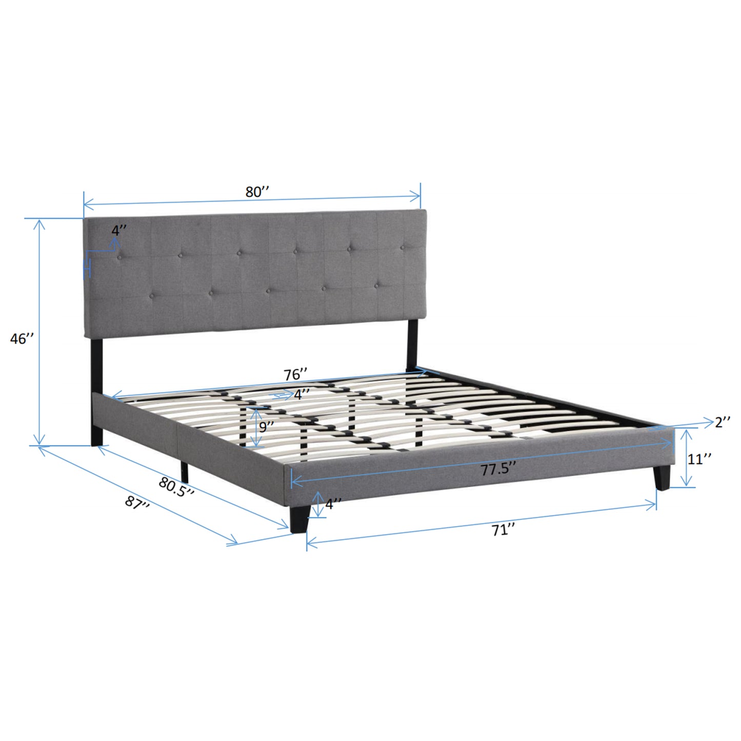 King Size Upholstered Platform Bed Frame with Button Tufted Linen Fabric Headboard=Gray