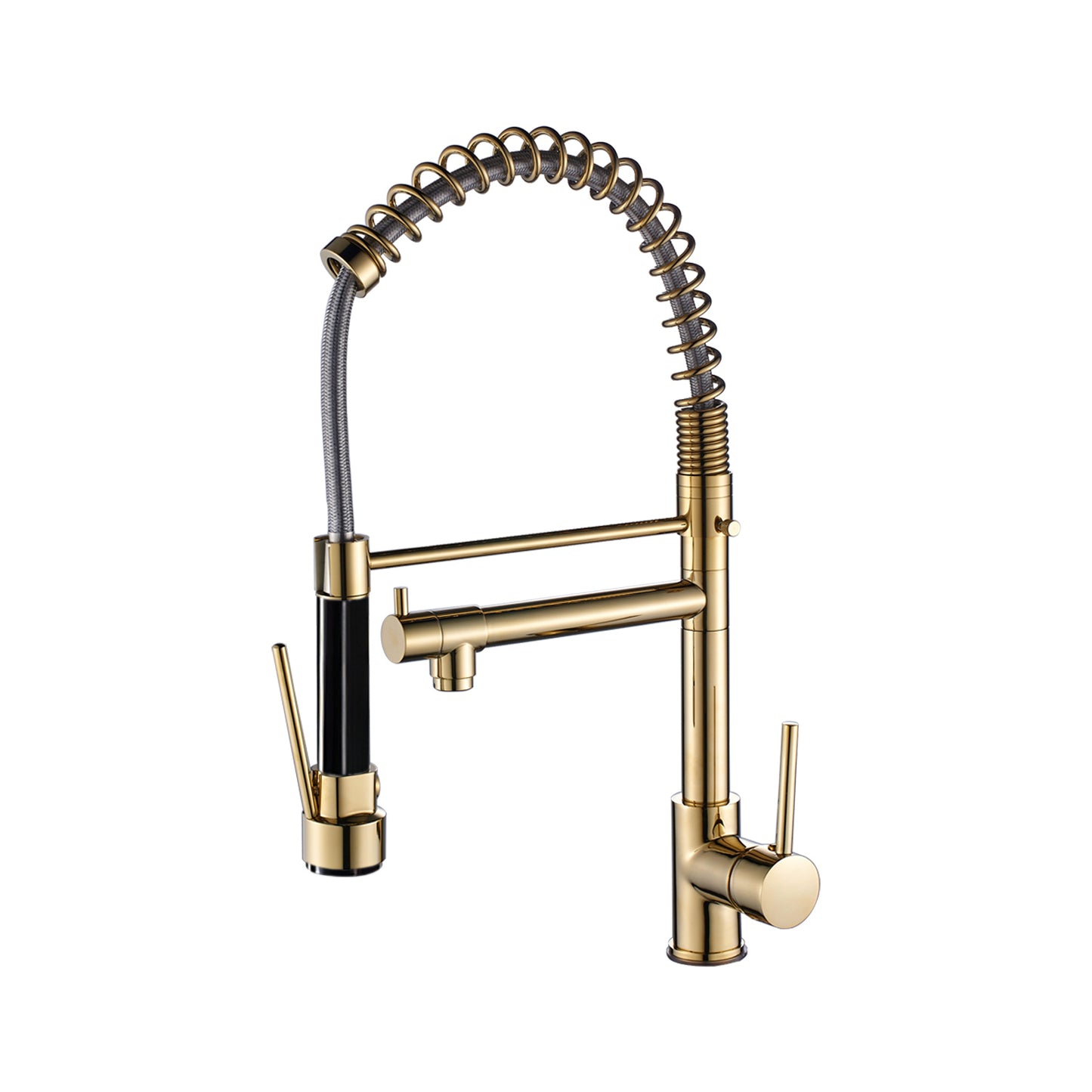 Double Handles Deck Mount Spring Pull Out Sprayer Kitchen Faucet with Clean Water Outlet in Brushed Gold