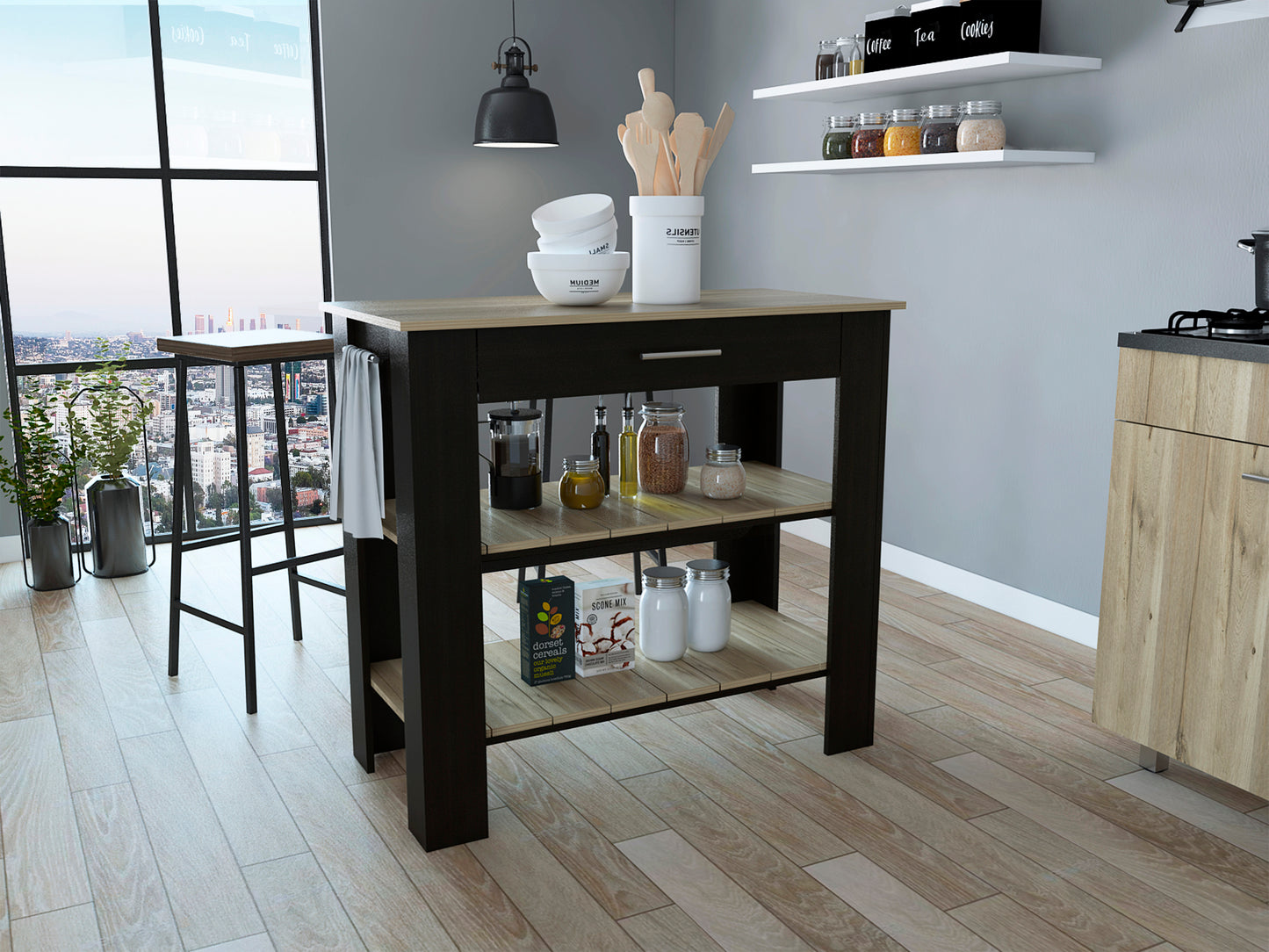 Cala Kitchen Island 40, Two Shelves, One Drawer, Four Legs  -Black / Light Oak