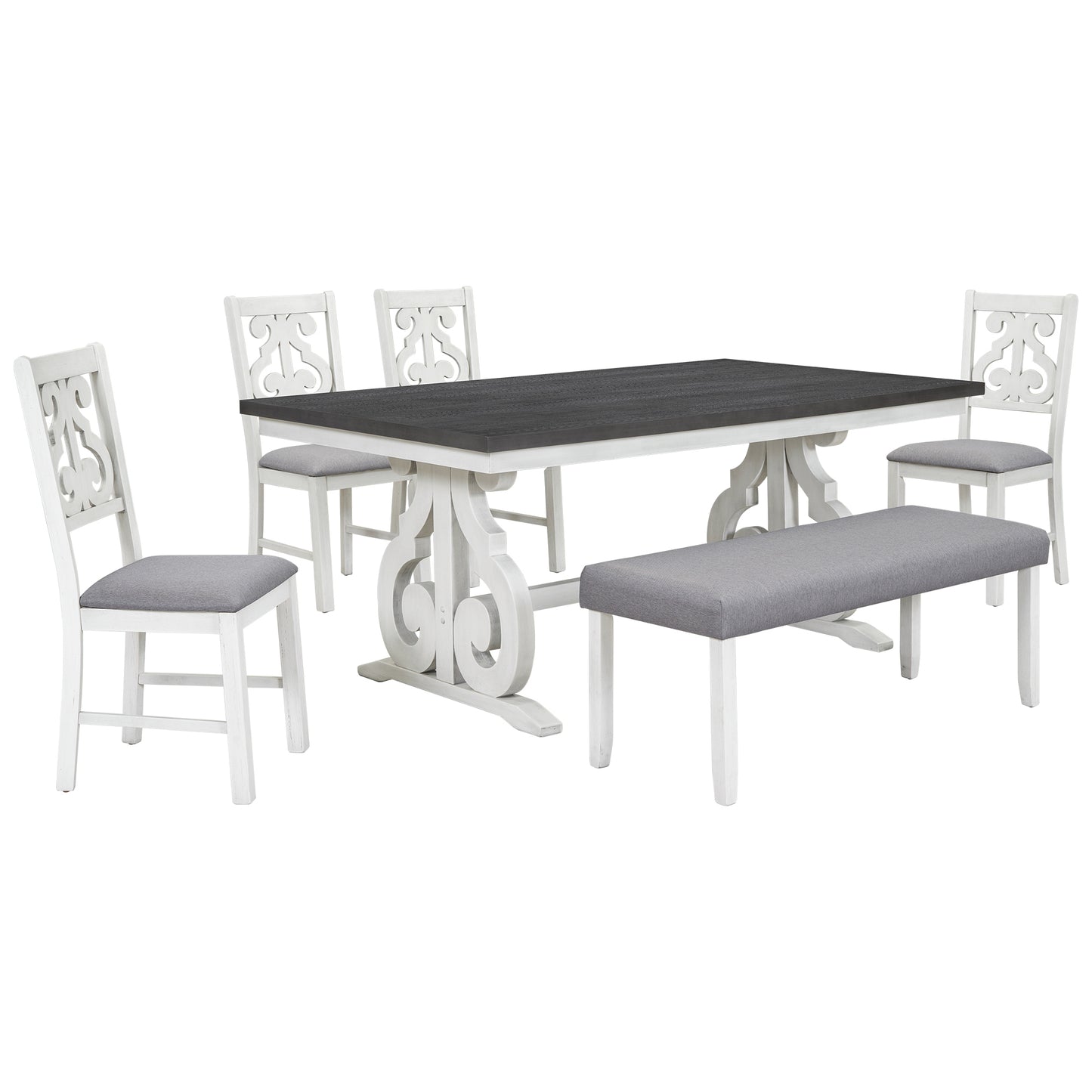 Farmhouse Rectangular Dining Table with Chairs and Bench (Gray+White)