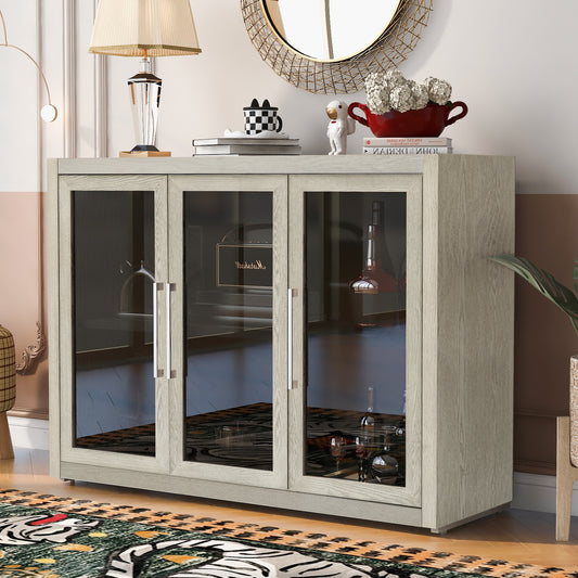 U-Style Wood Storage Cabinet with Three Tempered Glass Doors and Adjustable Shelf,Suitable for Living Room,Study and Entrance