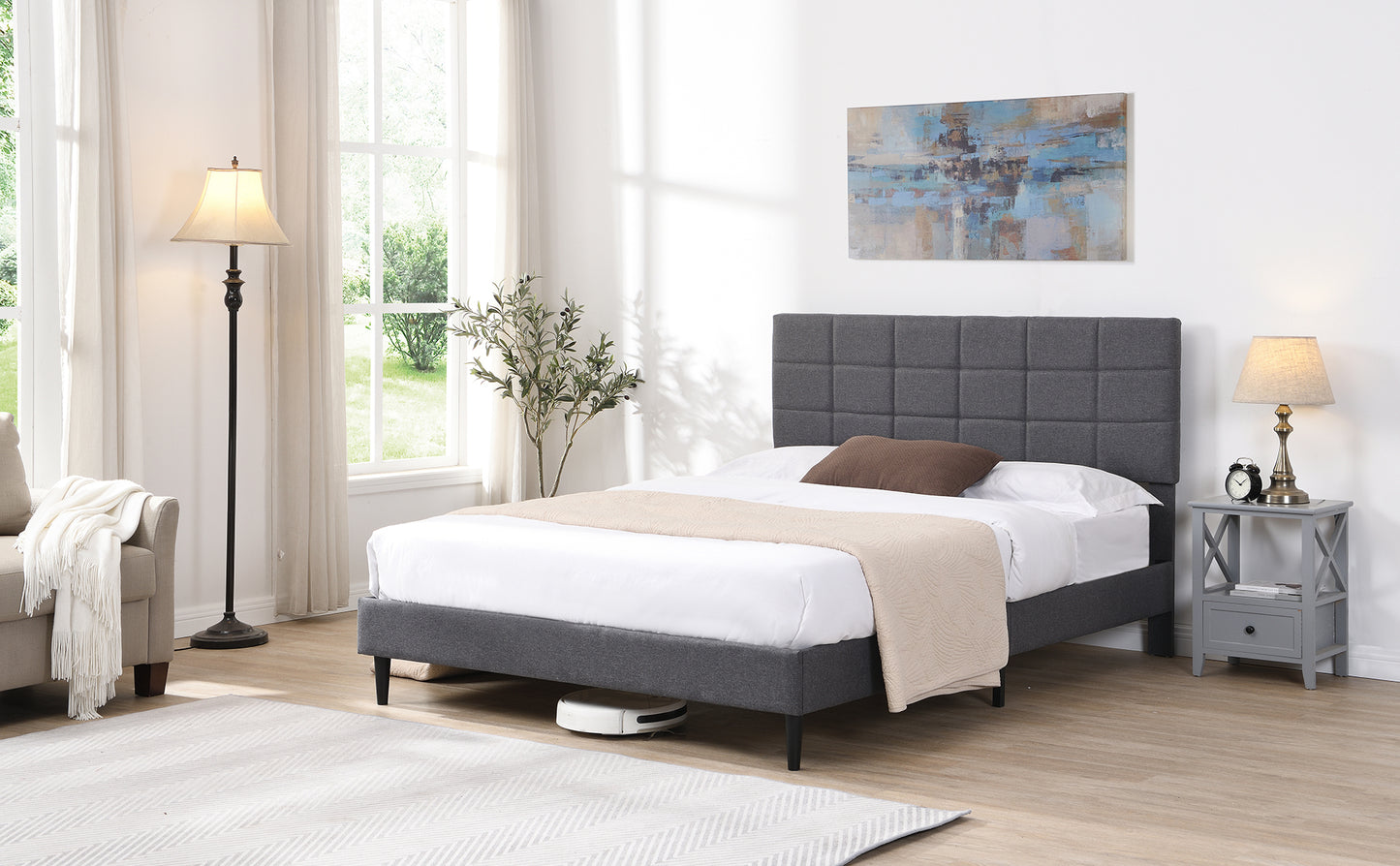 Queen Size Platform Bed Frame with Fabric Upholstered Headboard