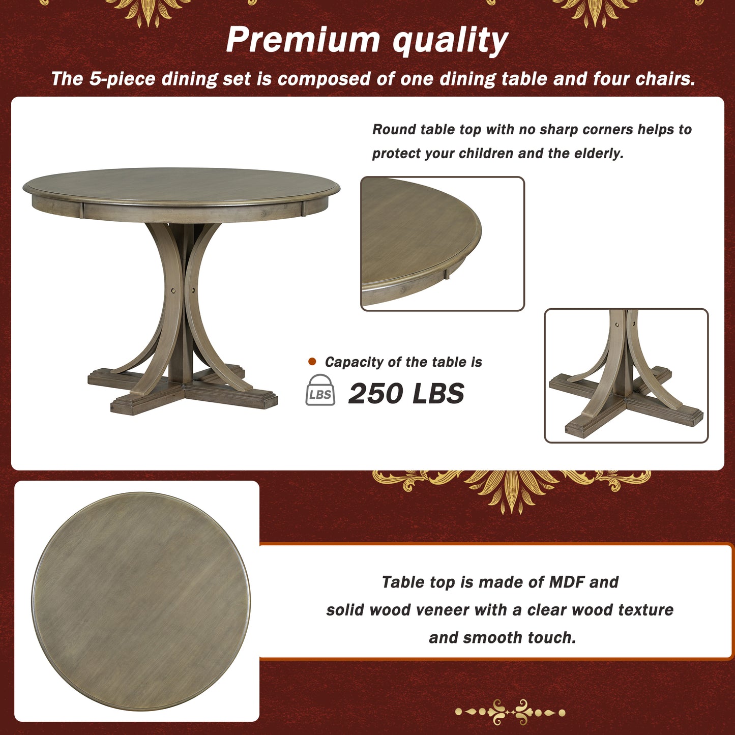 TREXM 5-Piece Retro Round Dining Table Set with Curved Trestle Style Table Legs and 4 Upholstered Chairs (Taupe)