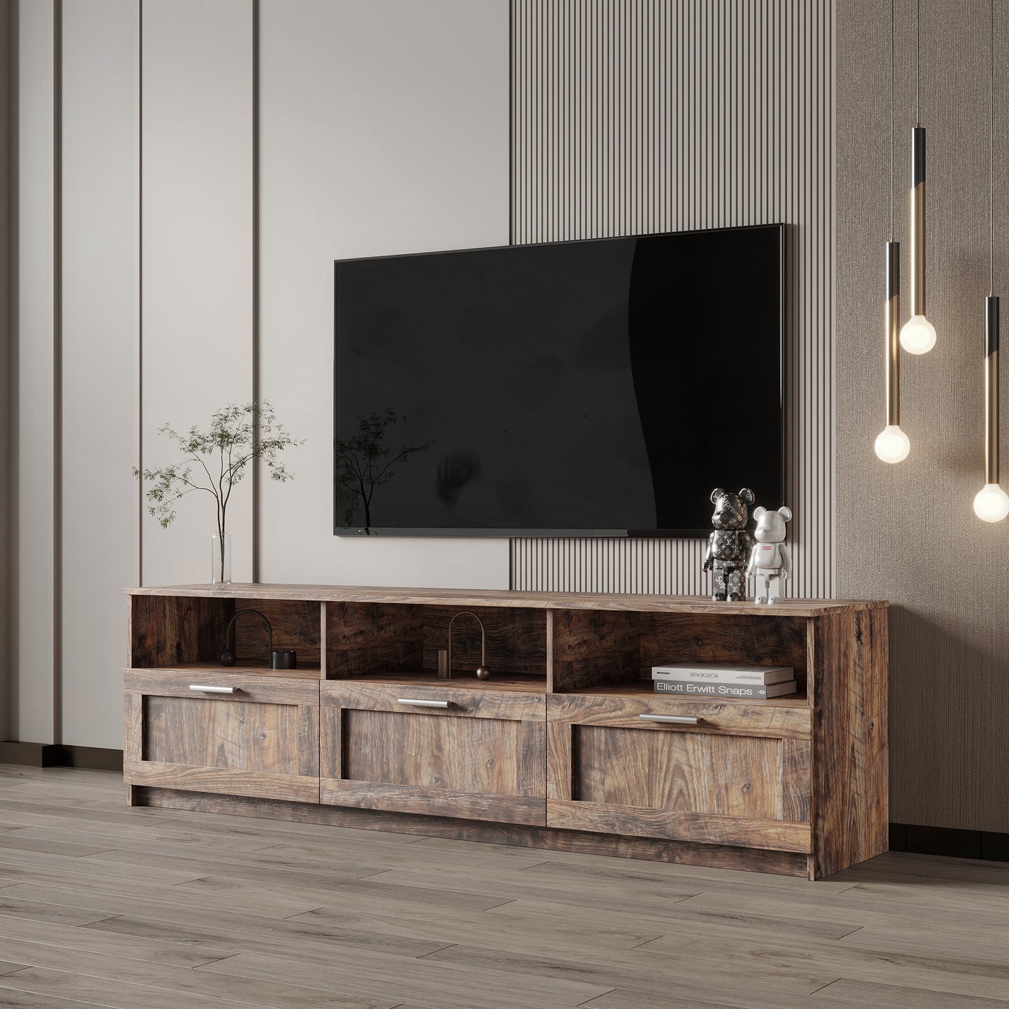 Minimalist Console Table for up to 80" TVs, Natural Wood