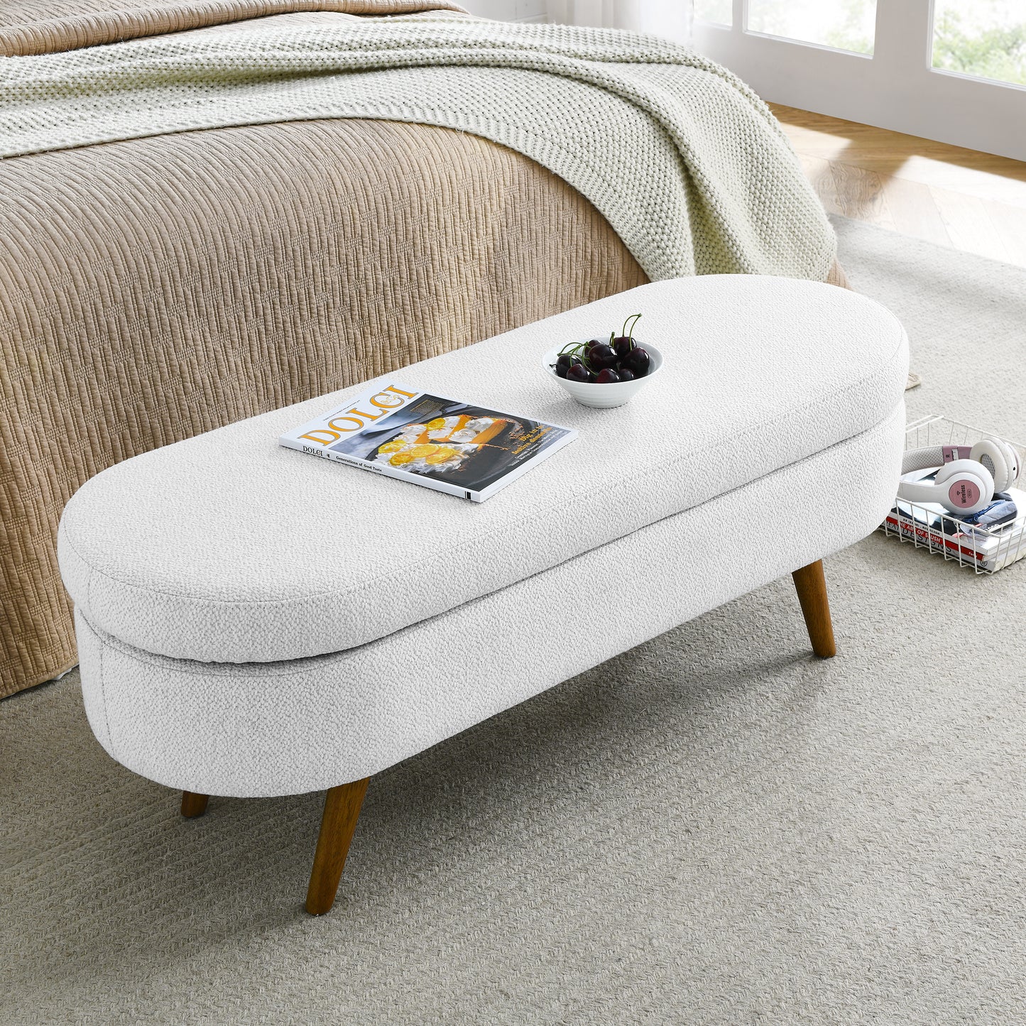 Isiris Ottoman Oval Storage Bench, Rubber Wood Legs, White（43.5“x16”x16“）