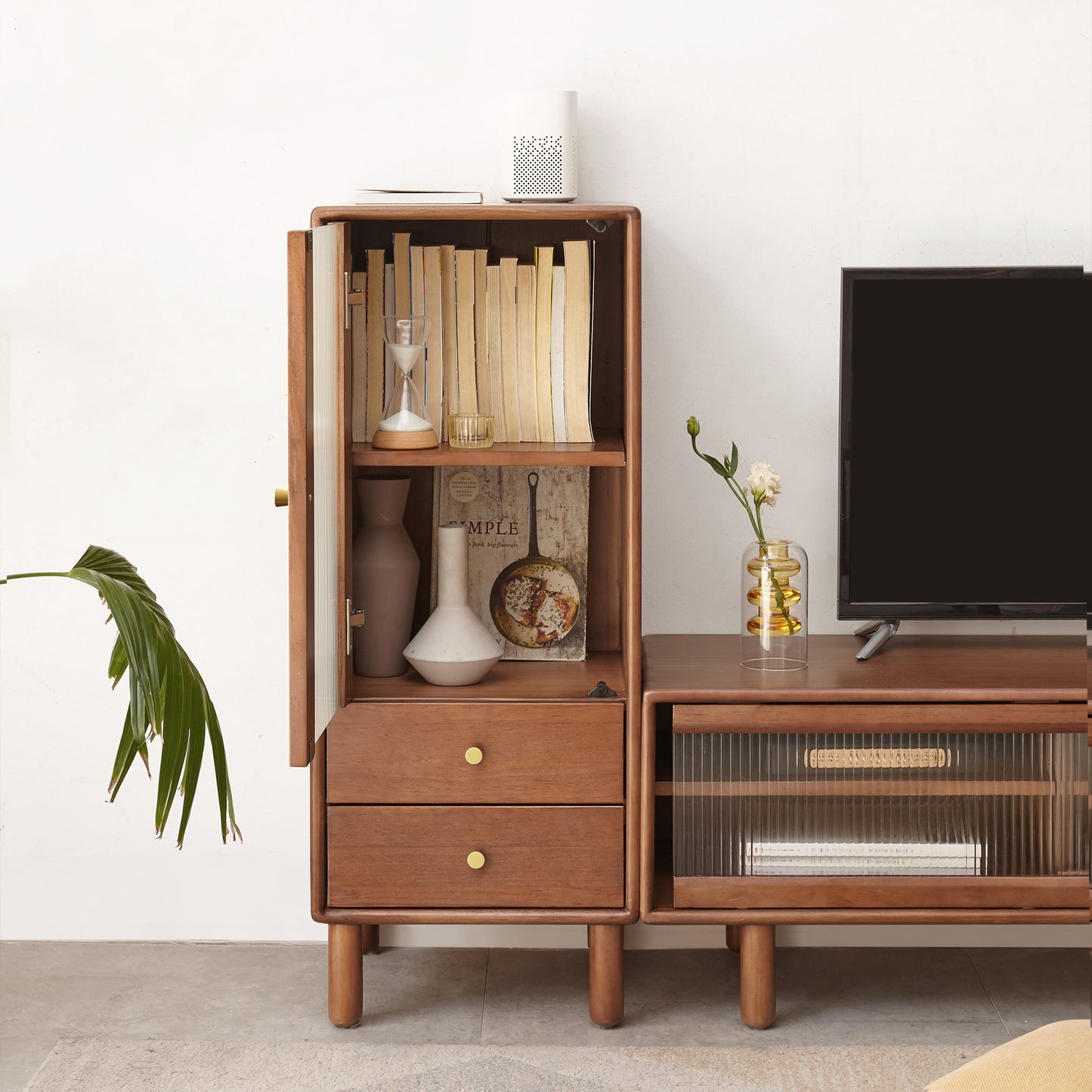 Storage Cabinet for Living Room - Free-Standing Corner Cabinets Storage Table with Vintage Glass Door,2 Shelves,2 Drawers & Brass Handle for Entryway Kitchen Hallway TV Stand, 37.4"H (Walnut)