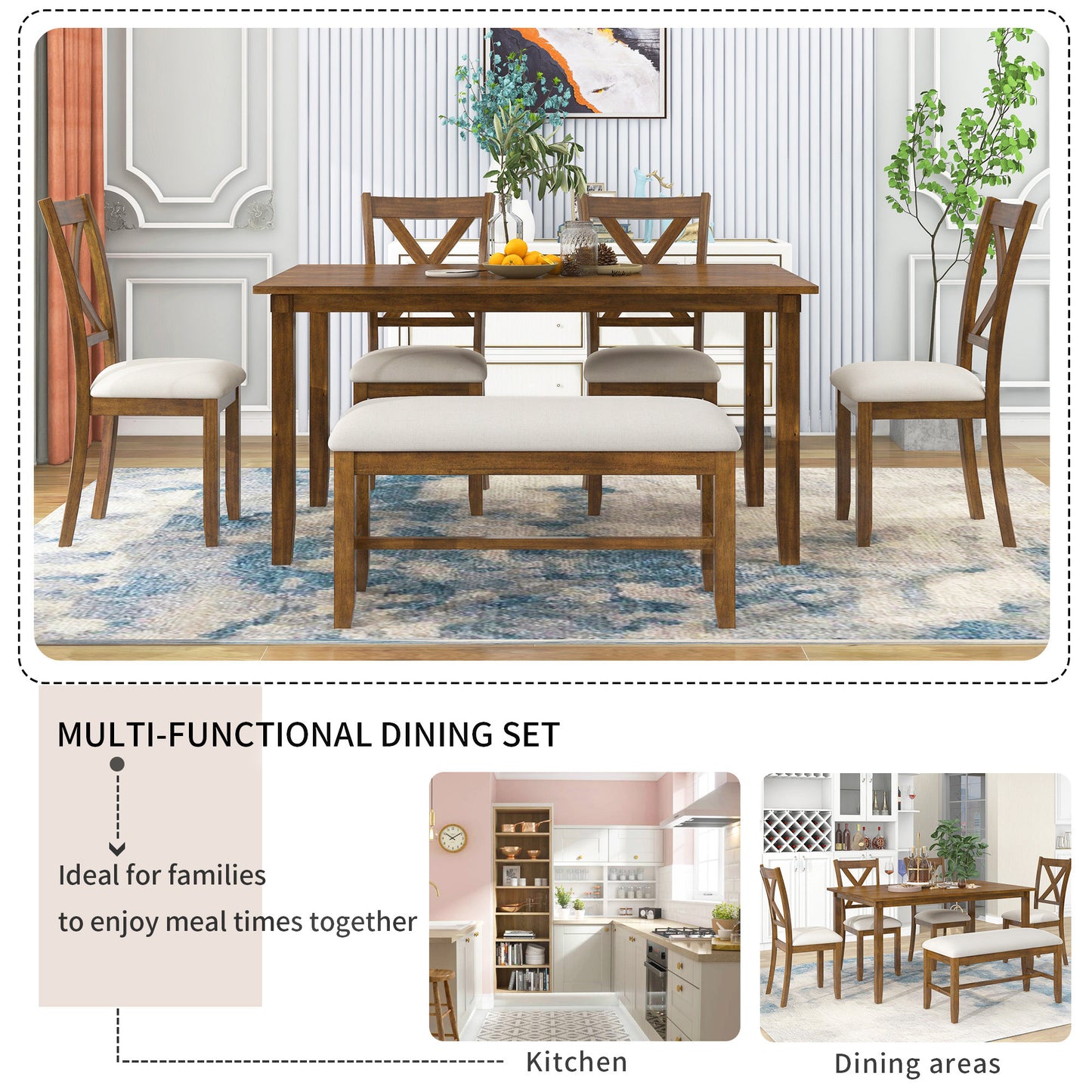 6-Piece Kitchen Dining Table Set Wooden Rectangular Dining Table