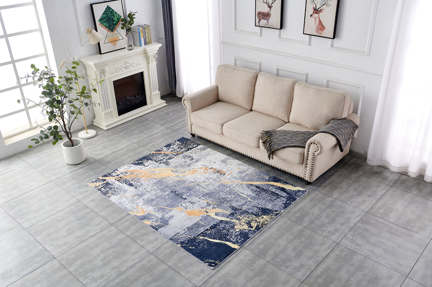 Abstract Blue Gray Yellow Area Rug