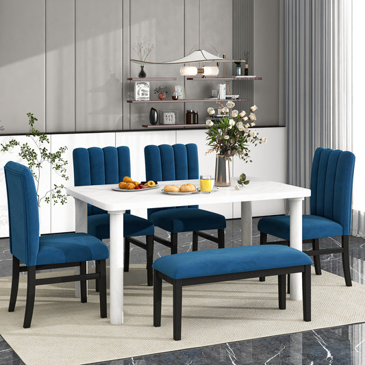 6-Piece Dining Table Set with Marble Veneer (White+Blue)
