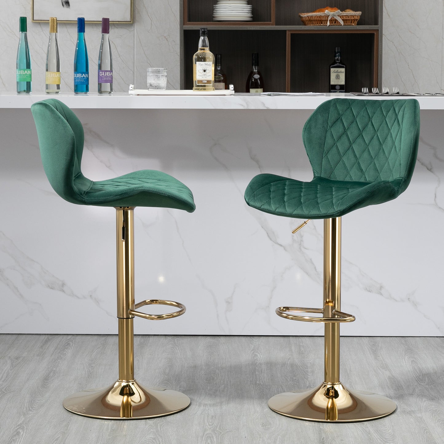 Green Velvet Adjustable Swivel Bar Stools Set of 2