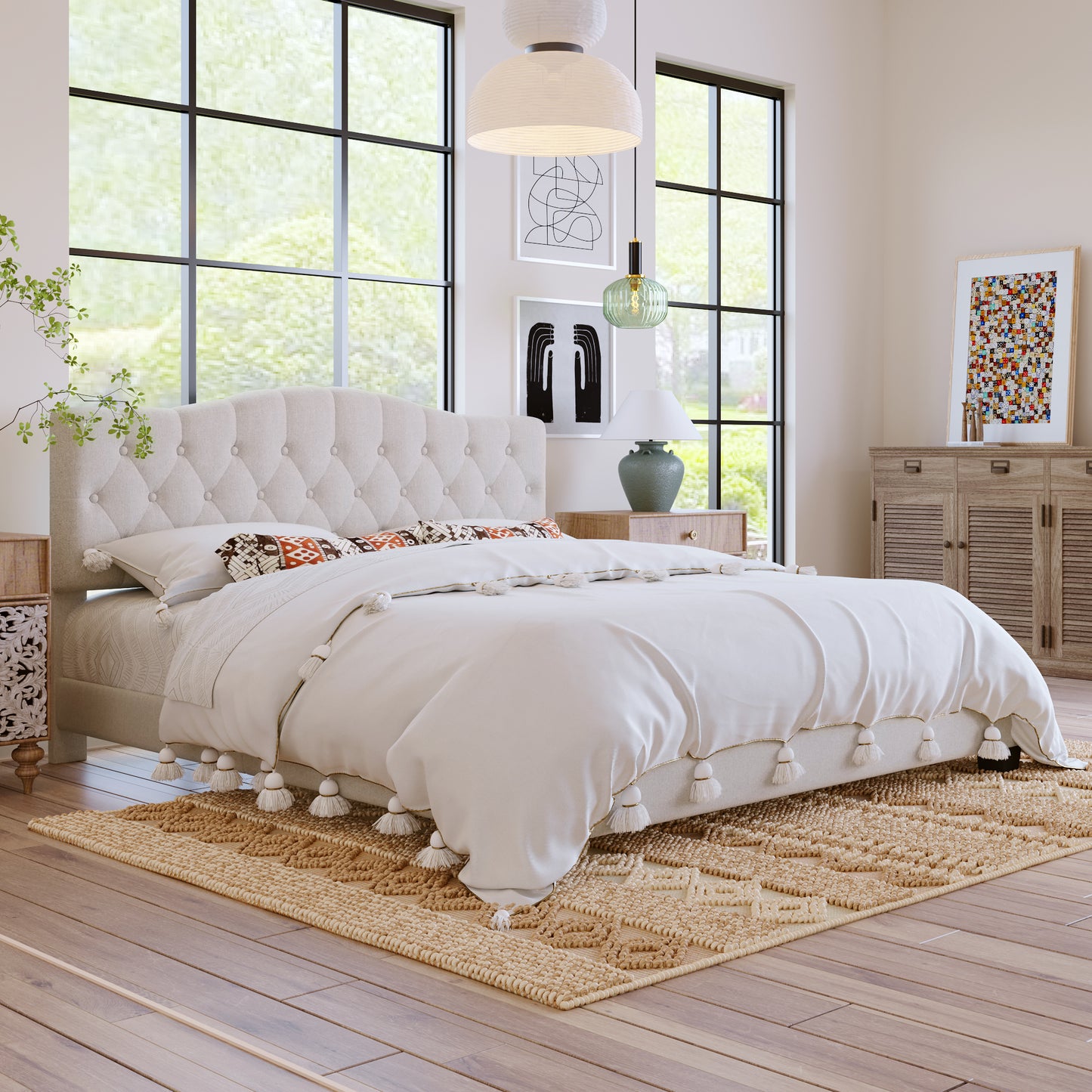 Tufted Platform Bed with Saddle Curved Headboard, King