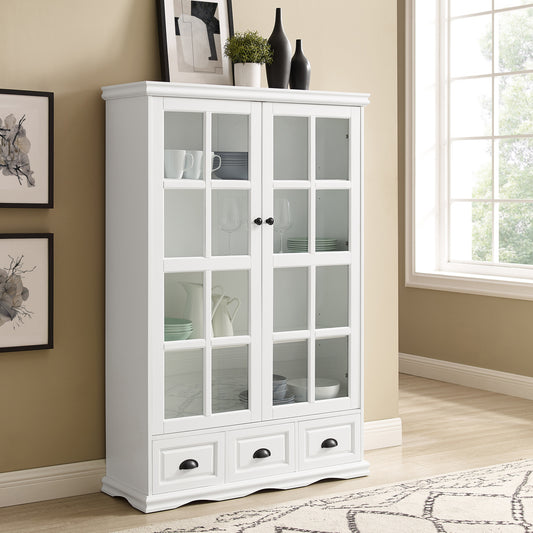 Storage Cabinet with Tempered Glass Doors Curio Cabinet with Adjustable Shelf Display Cabinet with Triple Drawers,White