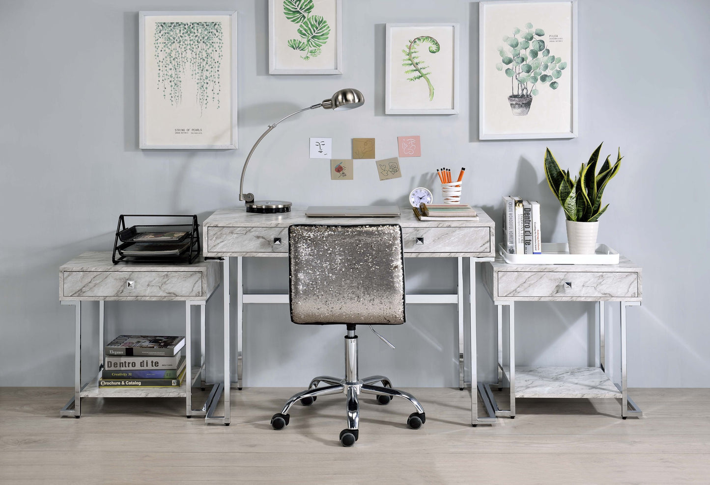 ACME Tigress Writing Desk, White Printed Faux Marble & Chrome