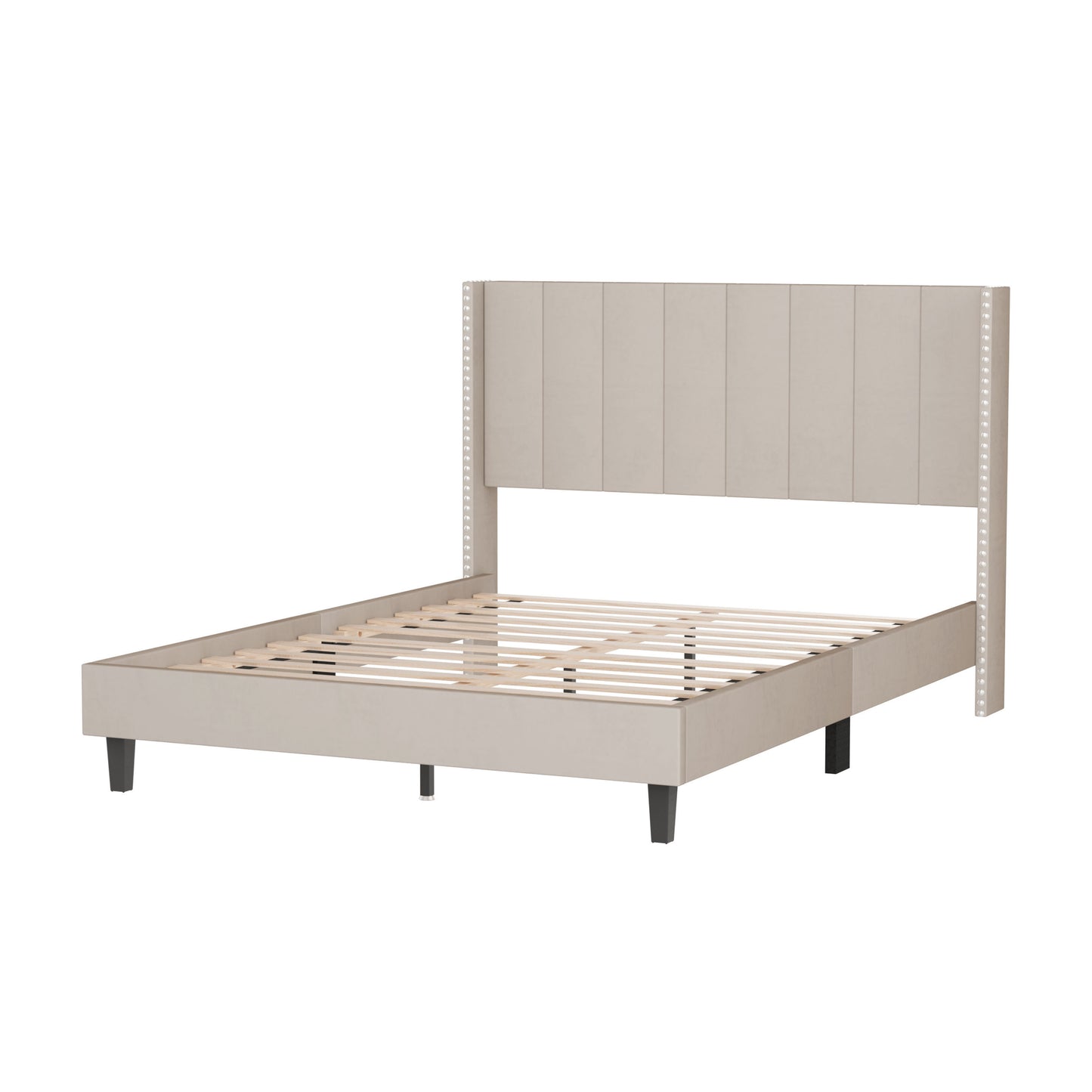 Velvet Upholstered Queen Bed- Beige