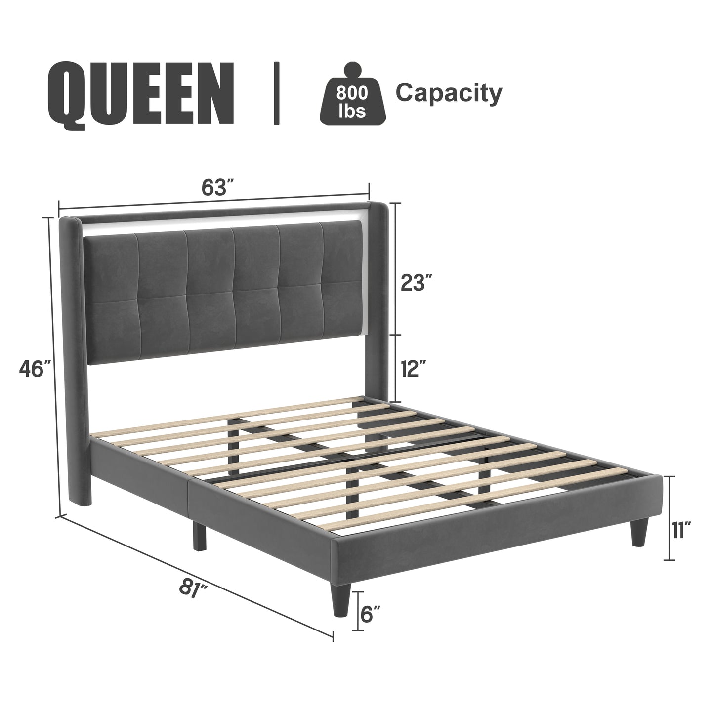 Queen Size Upholstered Platform Bed Frame- Dark Gray