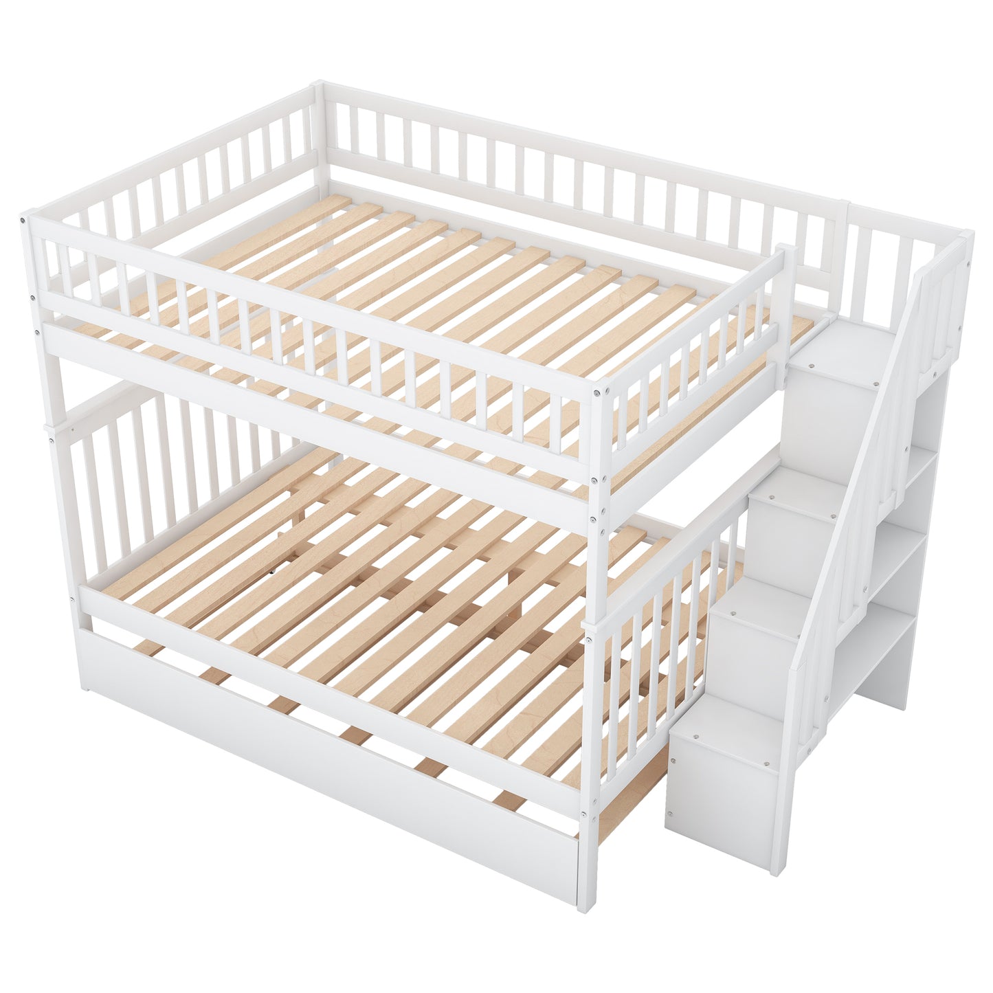 White Full over Full Bunk Bed with Trundle and Staircase