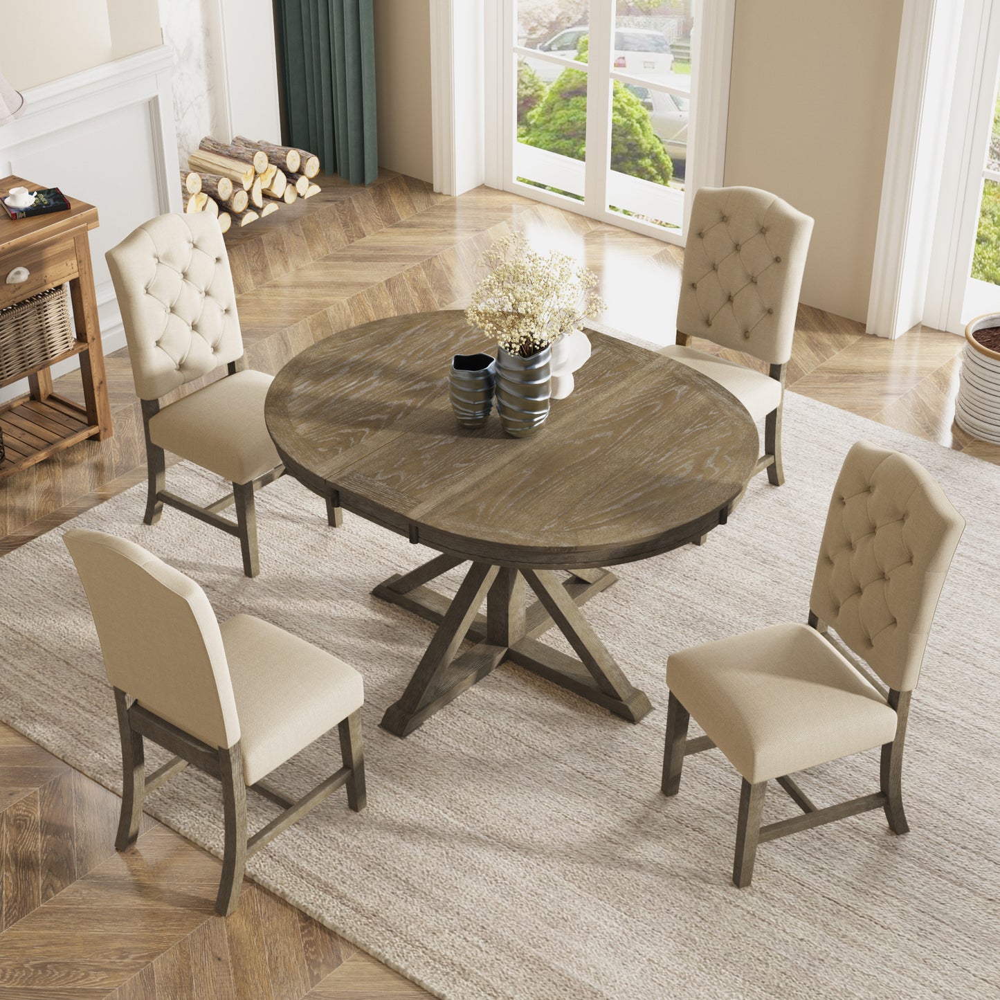 Retro Style Dining Table Set with Extendable Table and 4 Upholstered Chairs (Natural Wood Wash)