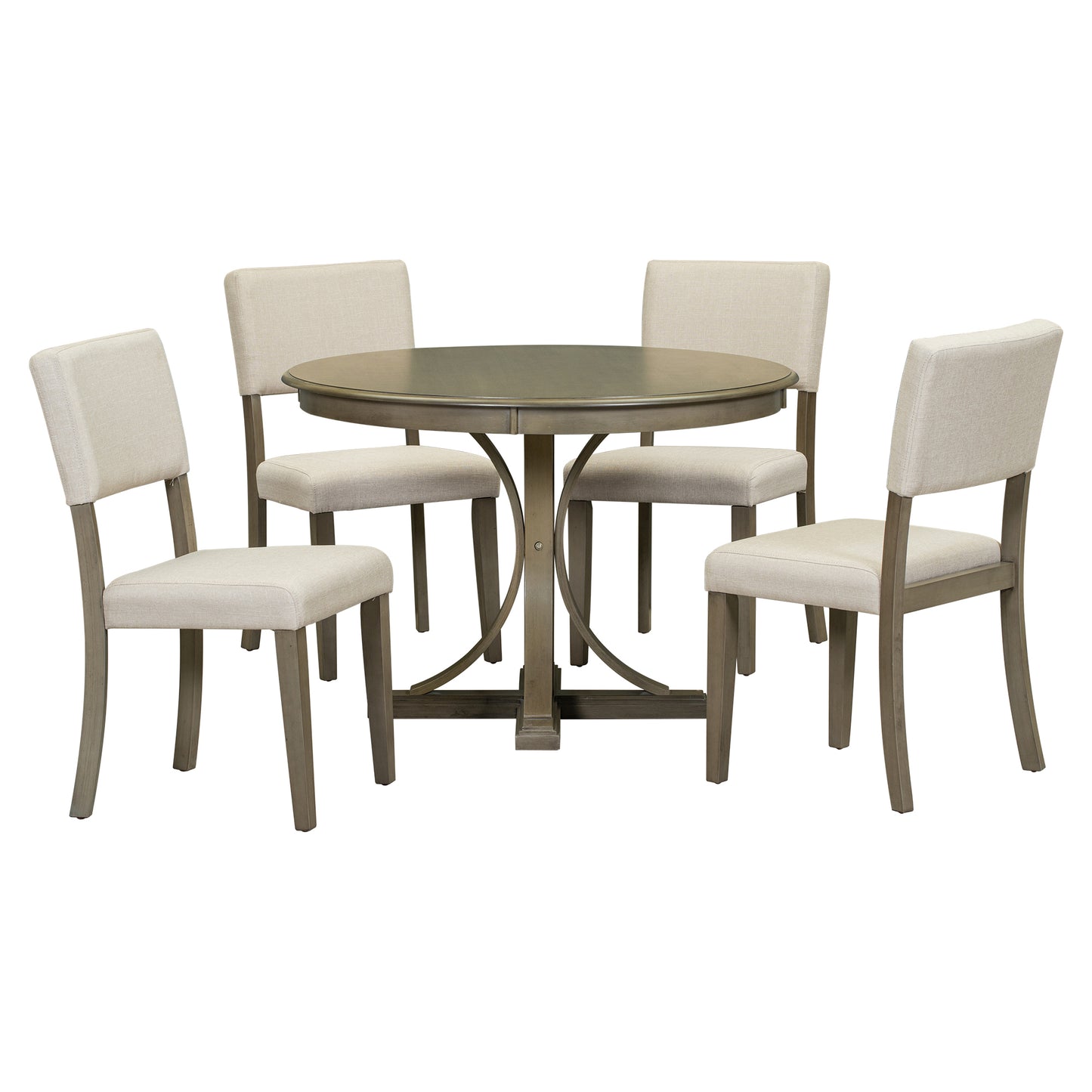 TREXM 5-Piece Retro Round Dining Table Set with Curved Trestle Style Table Legs and 4 Upholstered Chairs (Taupe)