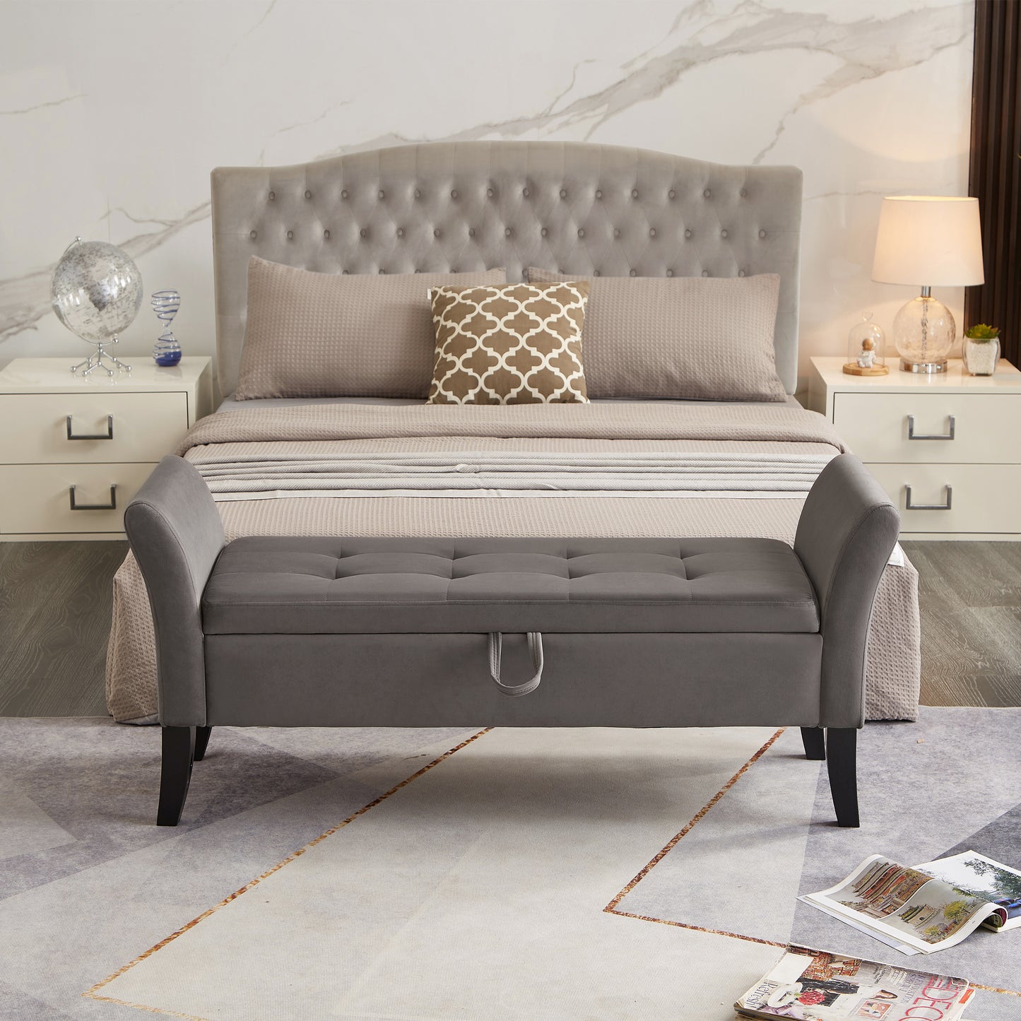 51.5" Bed Bench with Storage Grey Velvet