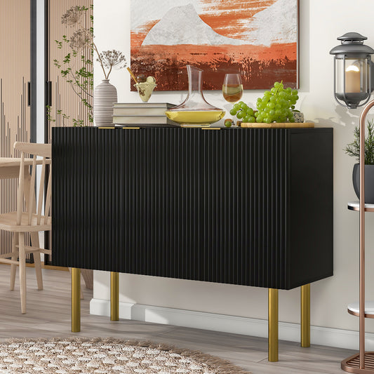 TREXM Modern Simple & Luxury Style Sideboard Particle Board & MDF Board Cabinet with Gold Metal Legs & Handles, Adjustable Shelves for Living Room, Dining Room (Black)