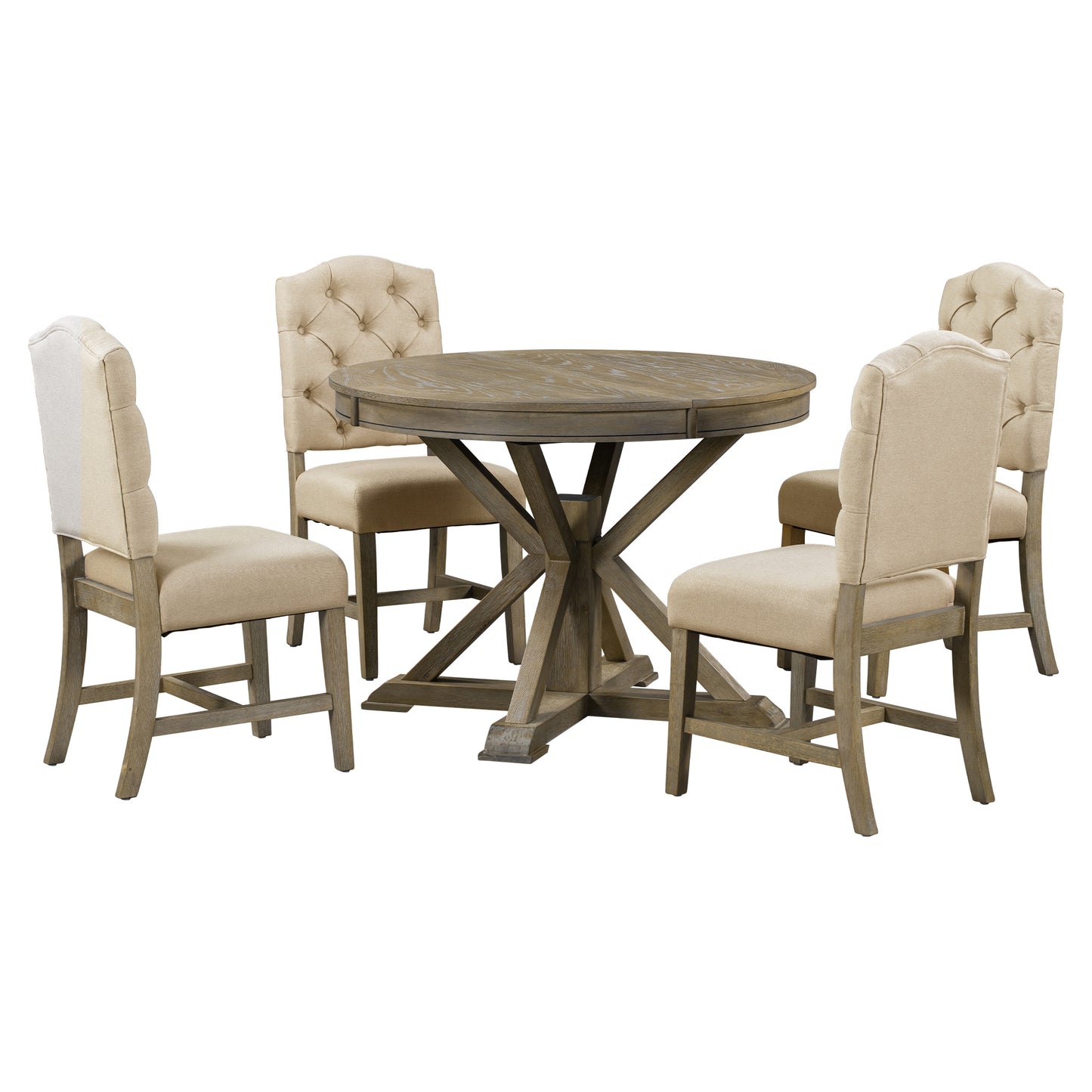 Retro Style Dining Table Set with Extendable Table and 4 Upholstered Chairs (Natural Wood Wash)