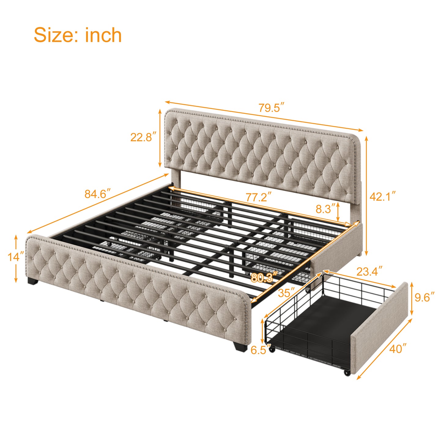 Upholstered Platform Bed Frame with Four Drawers, Button Tufted, Beige, King