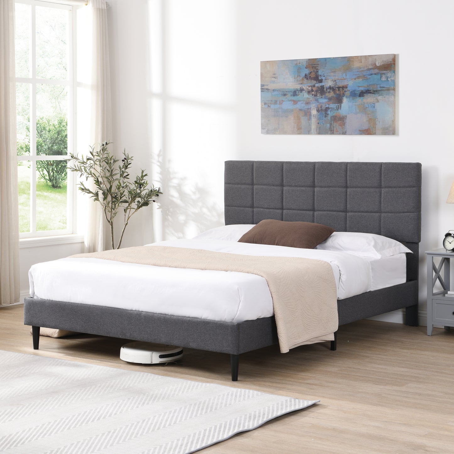 Queen Size Platform Bed Frame with Fabric Upholstered Headboard